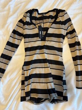 Fashion Nova Black and Beige Striped Long-Sleeve Romper